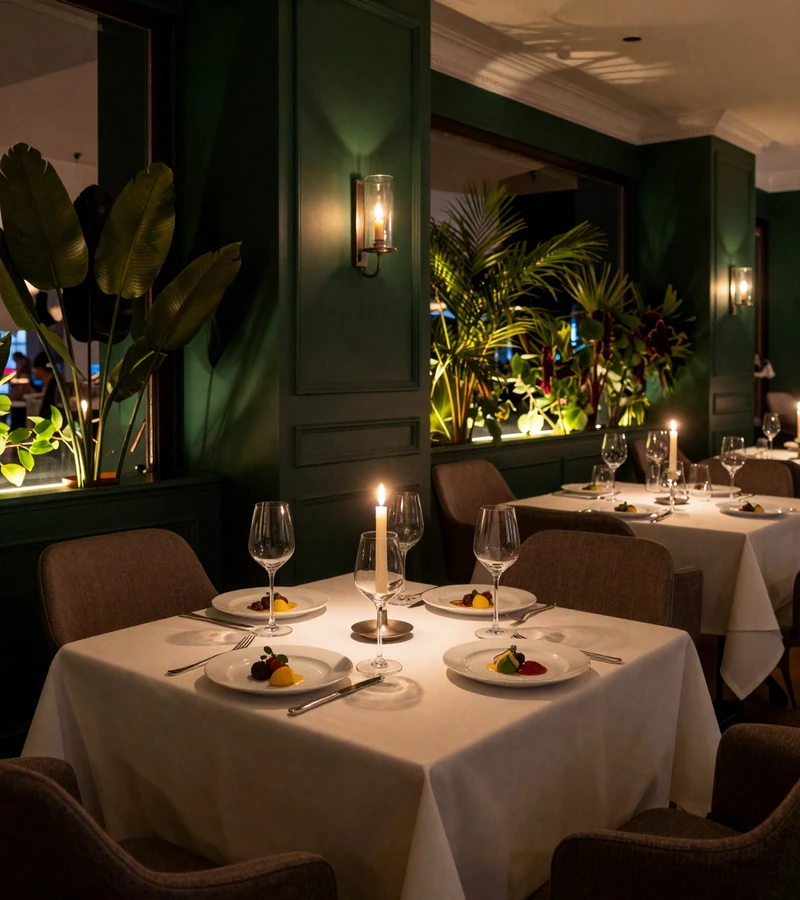 Elegancka restauracja Ogrody Nocy - europejska kuchnia, świece, rośliny i ciepłe złote oświetlenie